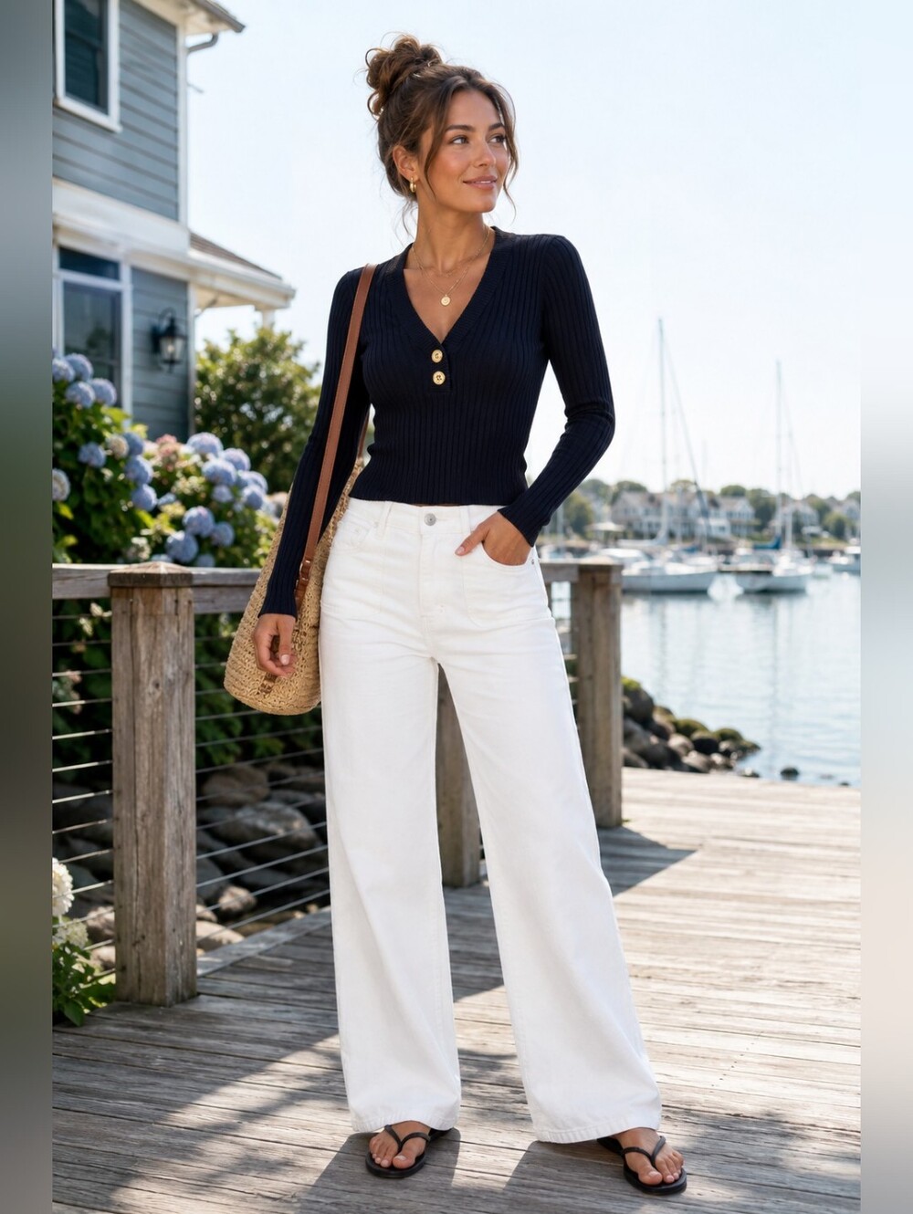 LAUREN Jeans Company Ribbed Knit V-neck Henley Sweater Nautical Women's P/P